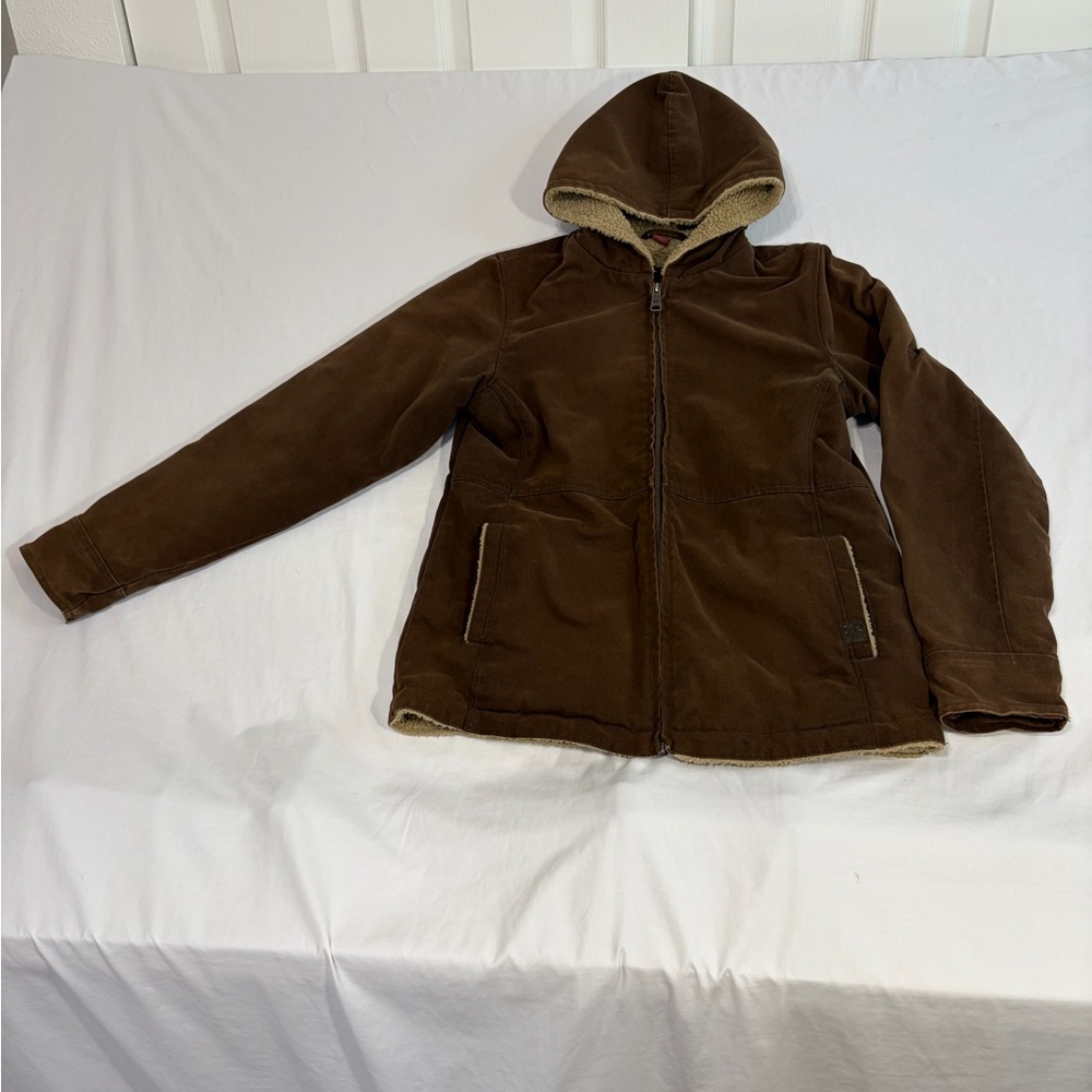 Real Ranch Wear Jacket Brown Sherpa Lined Tan inside Hood Full Zipper Womens S